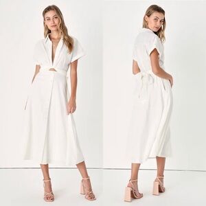 New Lulus Palermo Perfection White Collared Midi Dress with Pockets